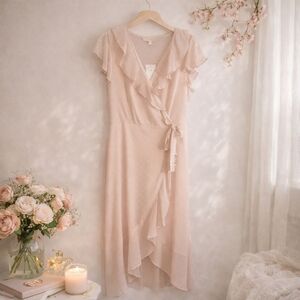 Monteau Blush Swiss Dot Wrap Dress Ruffle Cottagecore Wedding Guest L